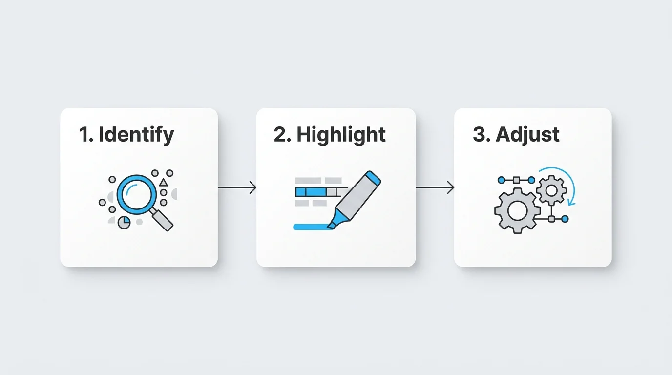 A minimalist horizontal flowchart showing three steps: 1. Identify, 2. Highlight, and 3. Adjust.