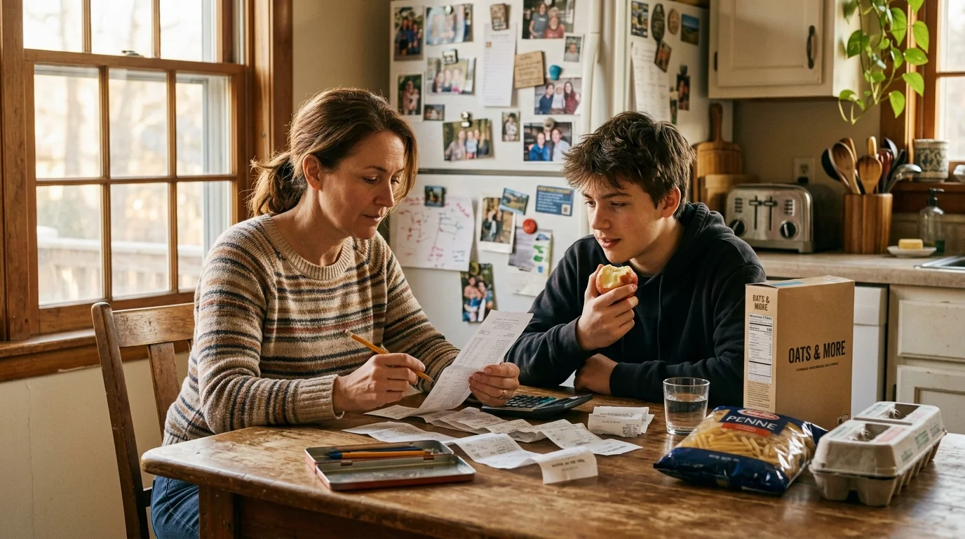 A mother and son review grocery receipts together at a wooden table in a sunlit, warm kitchen.