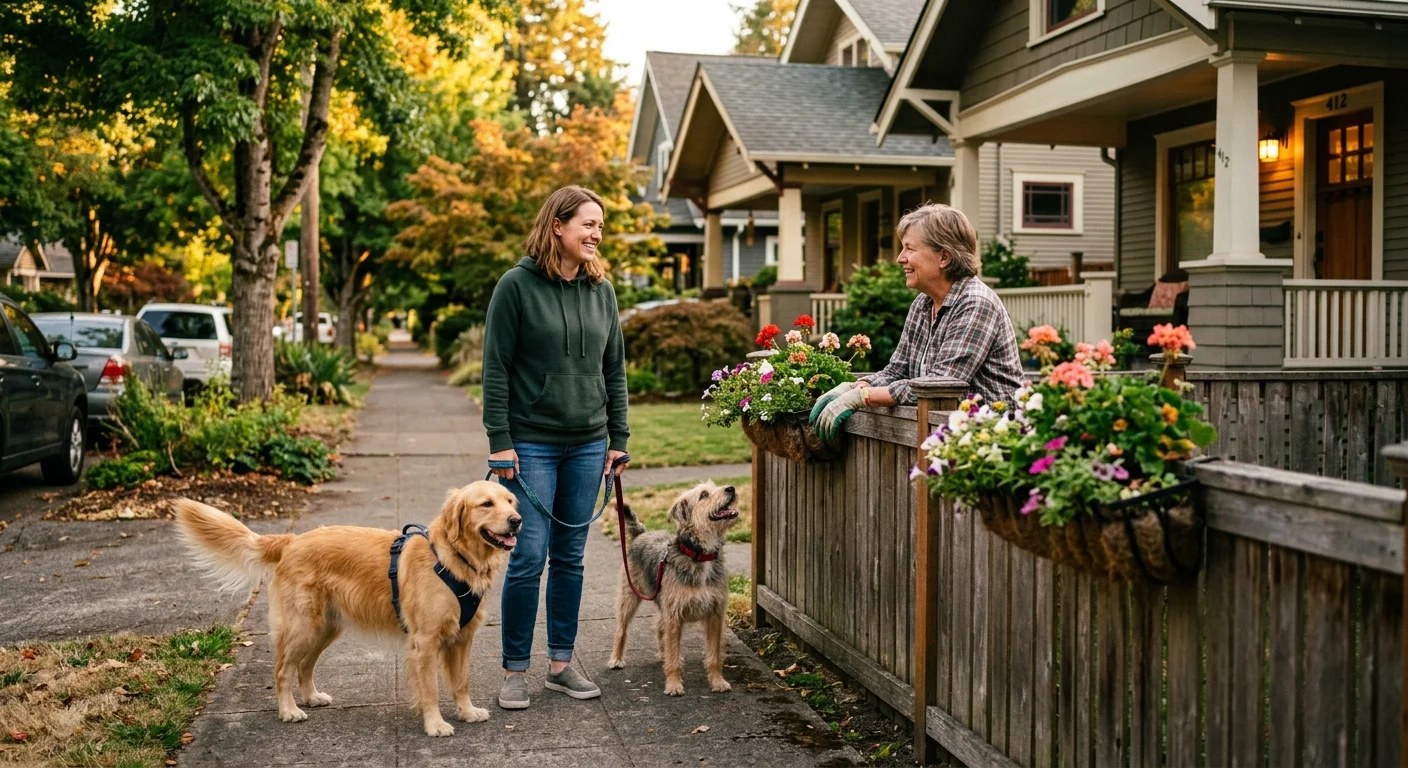 A neighbor walking dogs chats warmly with another resident over a garden fence on a tree-lined sidewalk during golden hour.