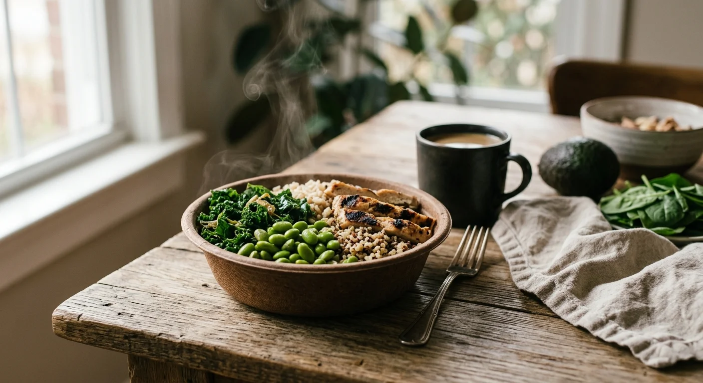 A nutritious frozen power bowl filled with kale, edamame, and brown rice on a rustic wooden dining table in soft morning light.