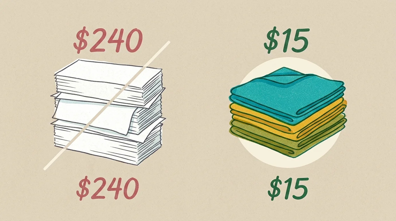A risograph illustration comparing a $240 stack of paper towels to a $15 stack of colorful microfiber cloths.
