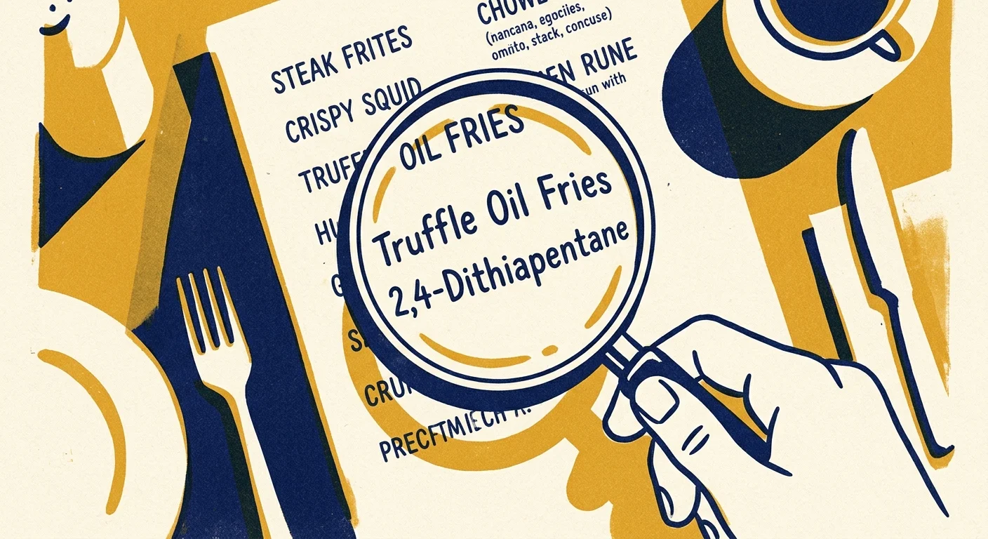 A risograph illustration of a magnifying glass over a menu, revealing the chemical name of synthetic truffle oil beneath the words.