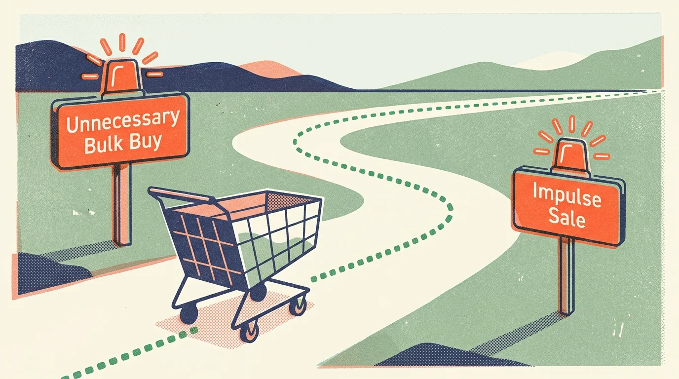 A risograph illustration of a shopping cart navigating a path away from tempting signs labeled bulk buys and impulse sales.