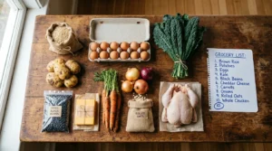 A rustic flat-lay photo of ten simple grocery ingredients, including potatoes, eggs, grains, and greens, next to a handwritten list.
