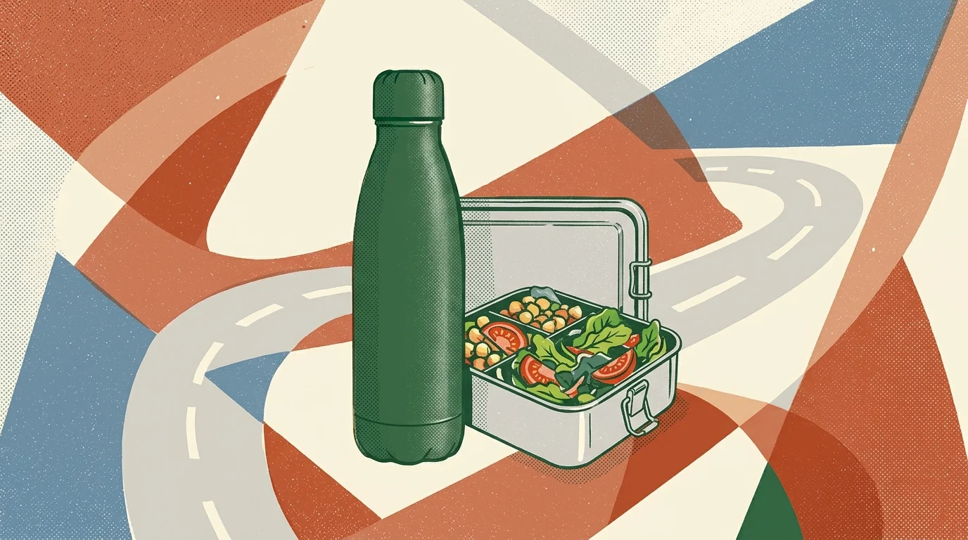 A screenprint illustration of a reusable green water bottle and a stainless steel bento lunch box.