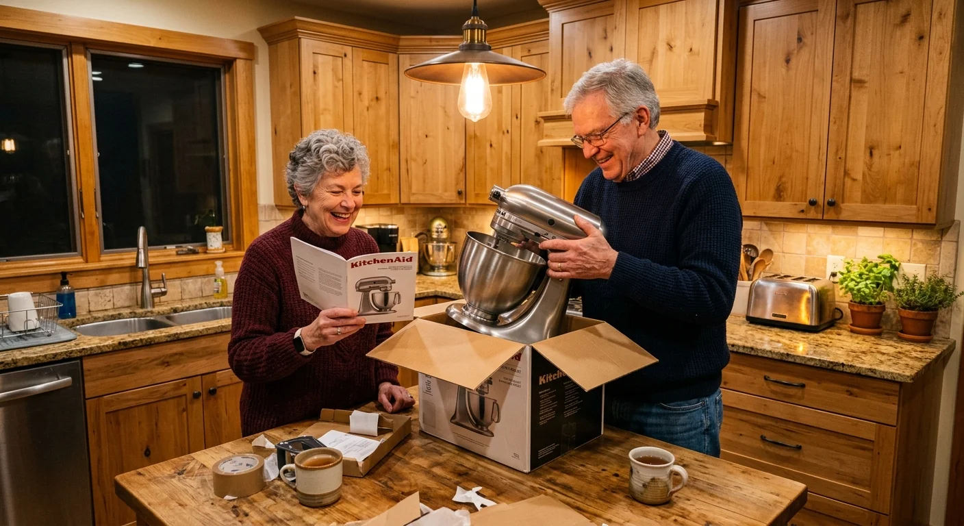 A senior couple happily unboxes a premium kitchen stand mixer together on their kitchen island in a warm, authentic home kitchen.