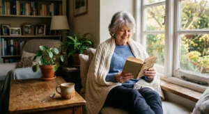 A senior woman sits comfortably wrapped in a plush ivory blanket by a sunlit window at home, reading a book in a warm, cozy living room.