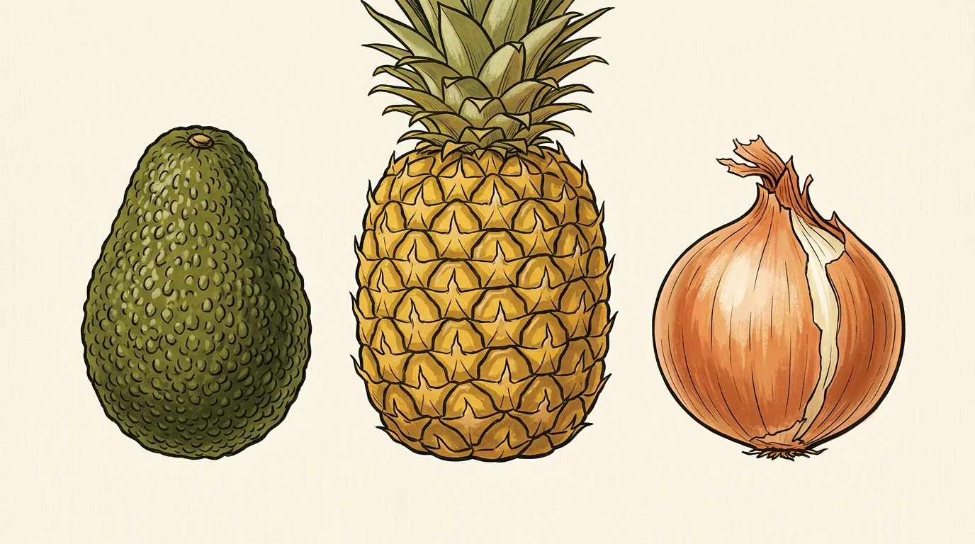 A stylized gouache illustration of an avocado, pineapple, and onion, highlighting their thick, protective outer skins.