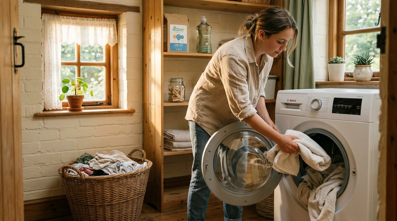A warm film photo of a person candidly loading cotton laundry into a washing machine in a sunlit laundry room.
