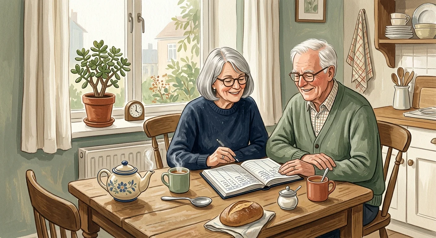 A warm gouache illustration of a senior couple calmly reviewing their retirement budget planner at a sunny kitchen table.