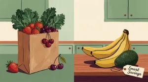 A warm gouache illustration showing a split kitchen counter with organic berries and kale on one side, and conventional bananas on the other