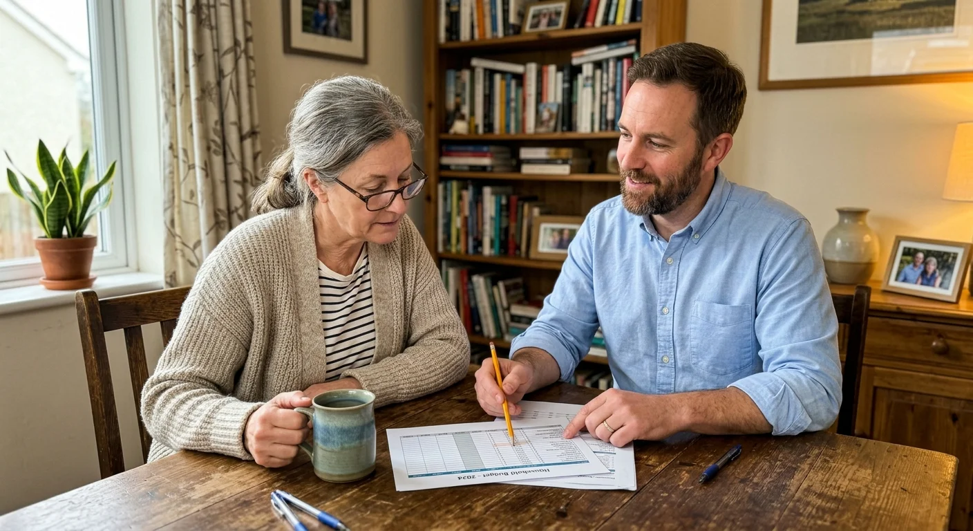 A woman and her financial advisor casually review a budget spreadsheet at a wooden dining table in a naturally lit home.