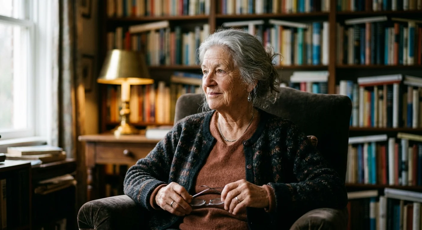 An authentic portrait of a retired woman in her 70s sitting thoughtfully in her warm, book-filled home library.