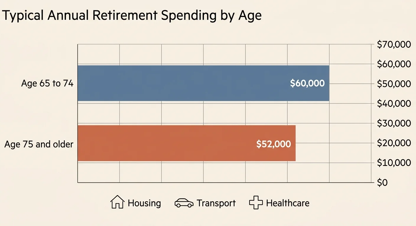 An editorial bar chart comparing average annual spending for seniors: $60,000 for ages 65-74, and $52,000 for ages 75 and older.
