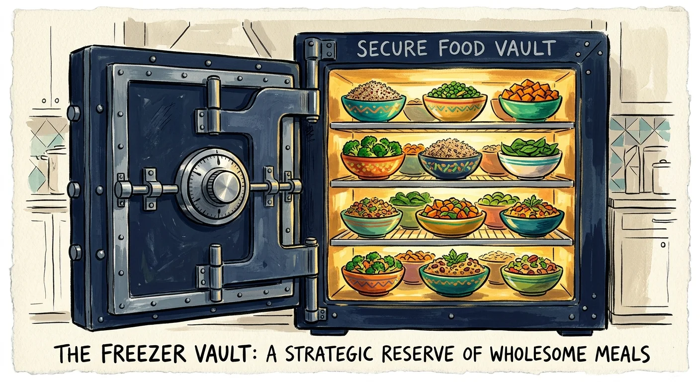 An editorial illustration of a freezer styled like a secure vault, open to reveal glowing, healthy meals of grains and colorful vegetables.