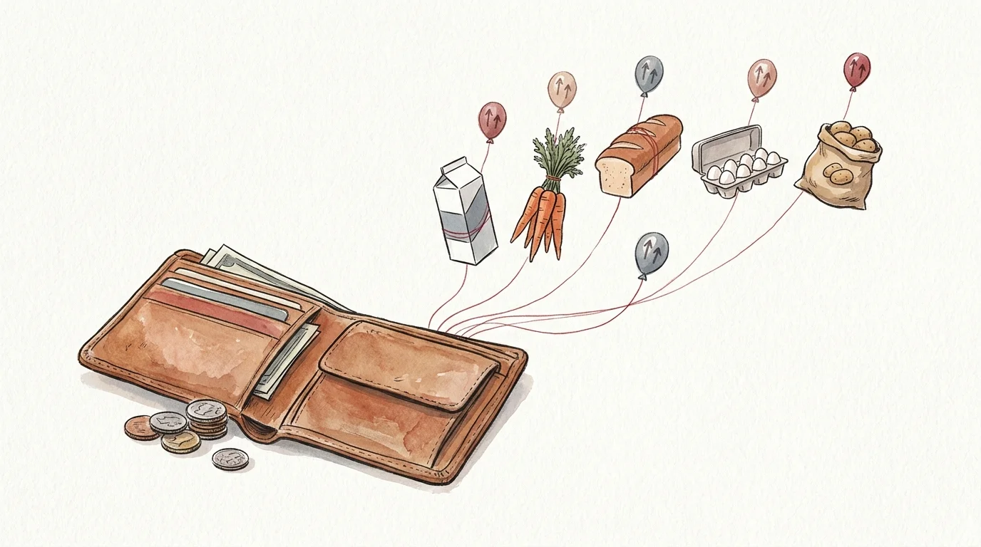 An editorial illustration of grocery items floating out of a wallet on red strings, symbolizing the impact of inflation.