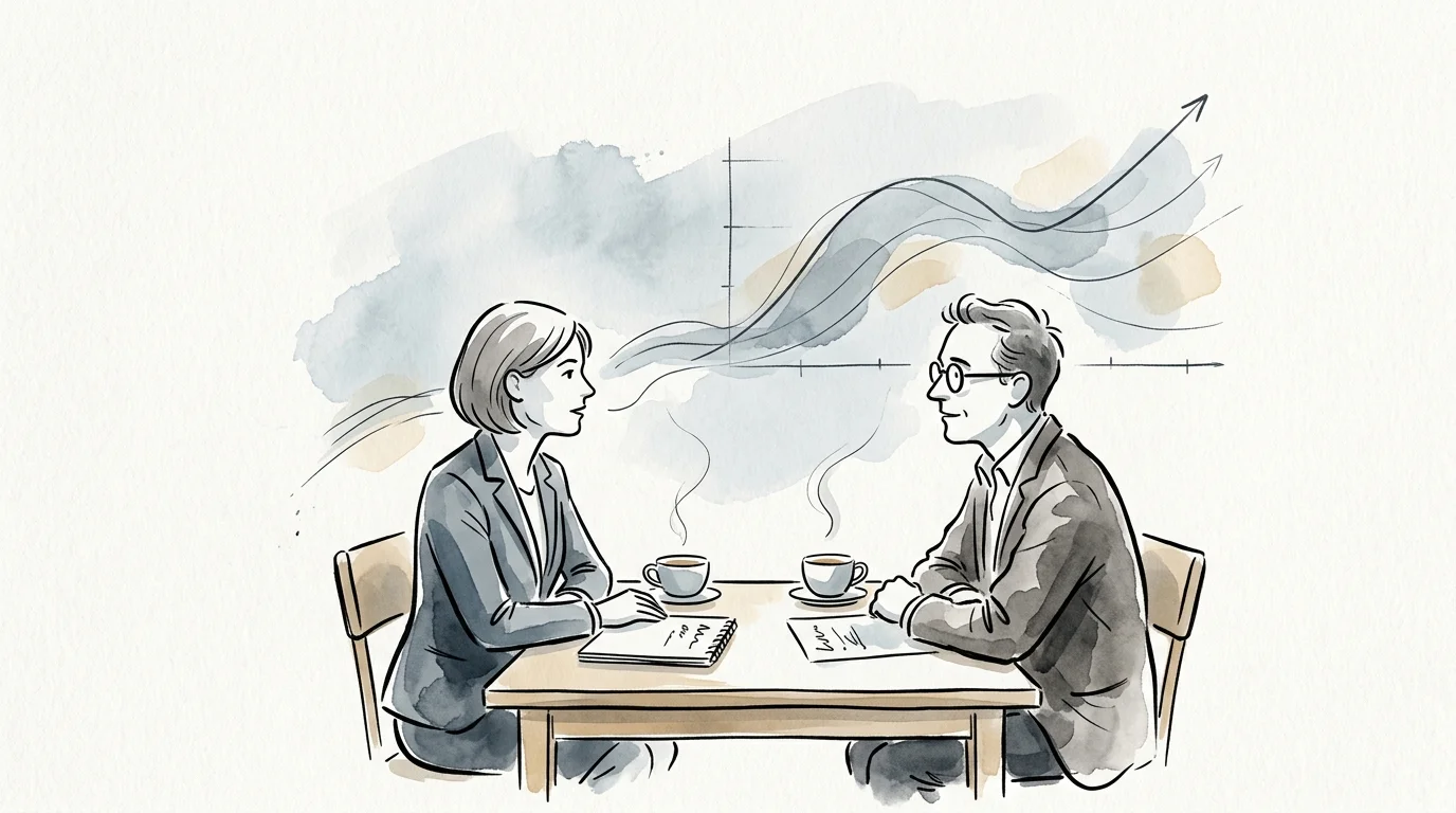 An editorial ink-and-wash illustration of two financial professionals discussing strategies over tea, with an economic graph behind them.