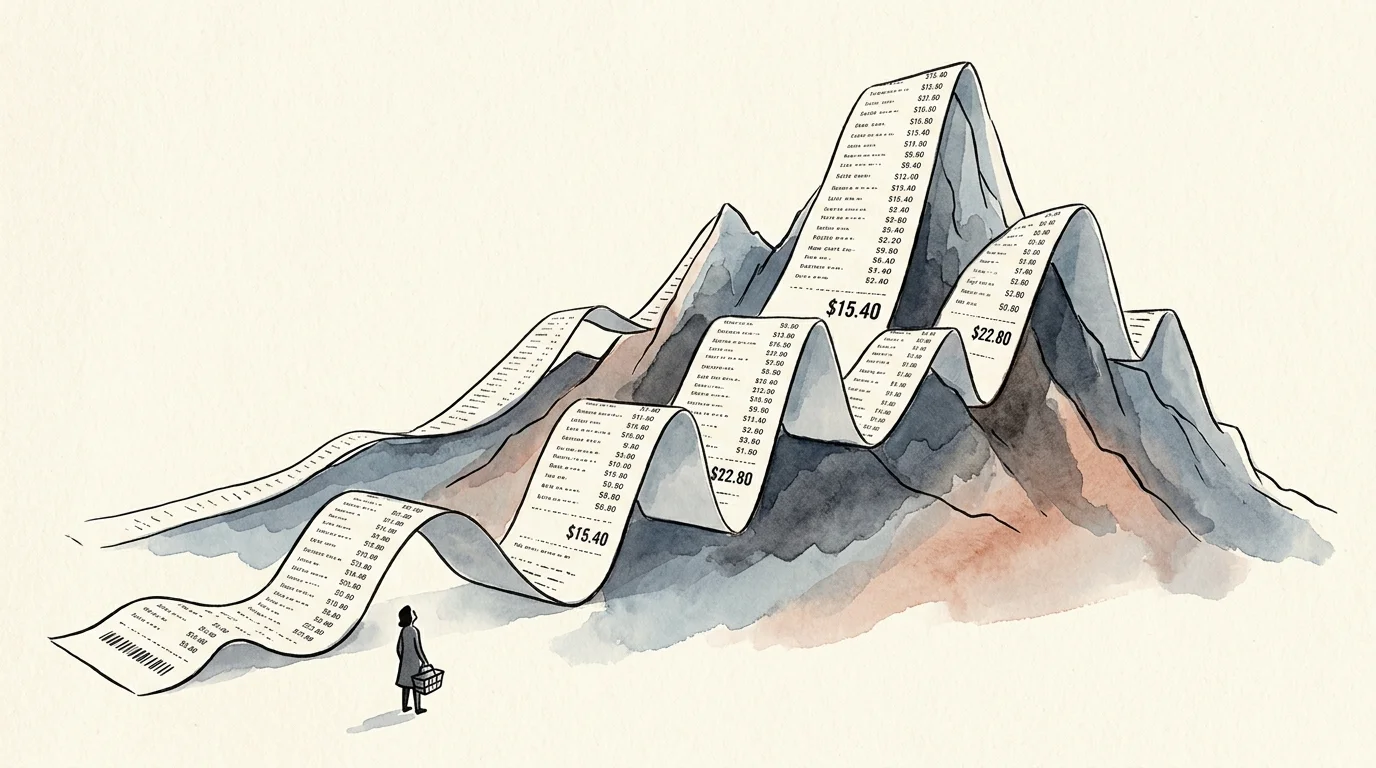 An editorial watercolor illustration of a giant grocery receipt forming a mountain range that a small person looks up at.