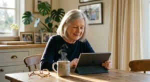 An elderly woman smiling while looking at her tablet in a sun-drenched kitchen, capturing a moment of warm digital connection.
