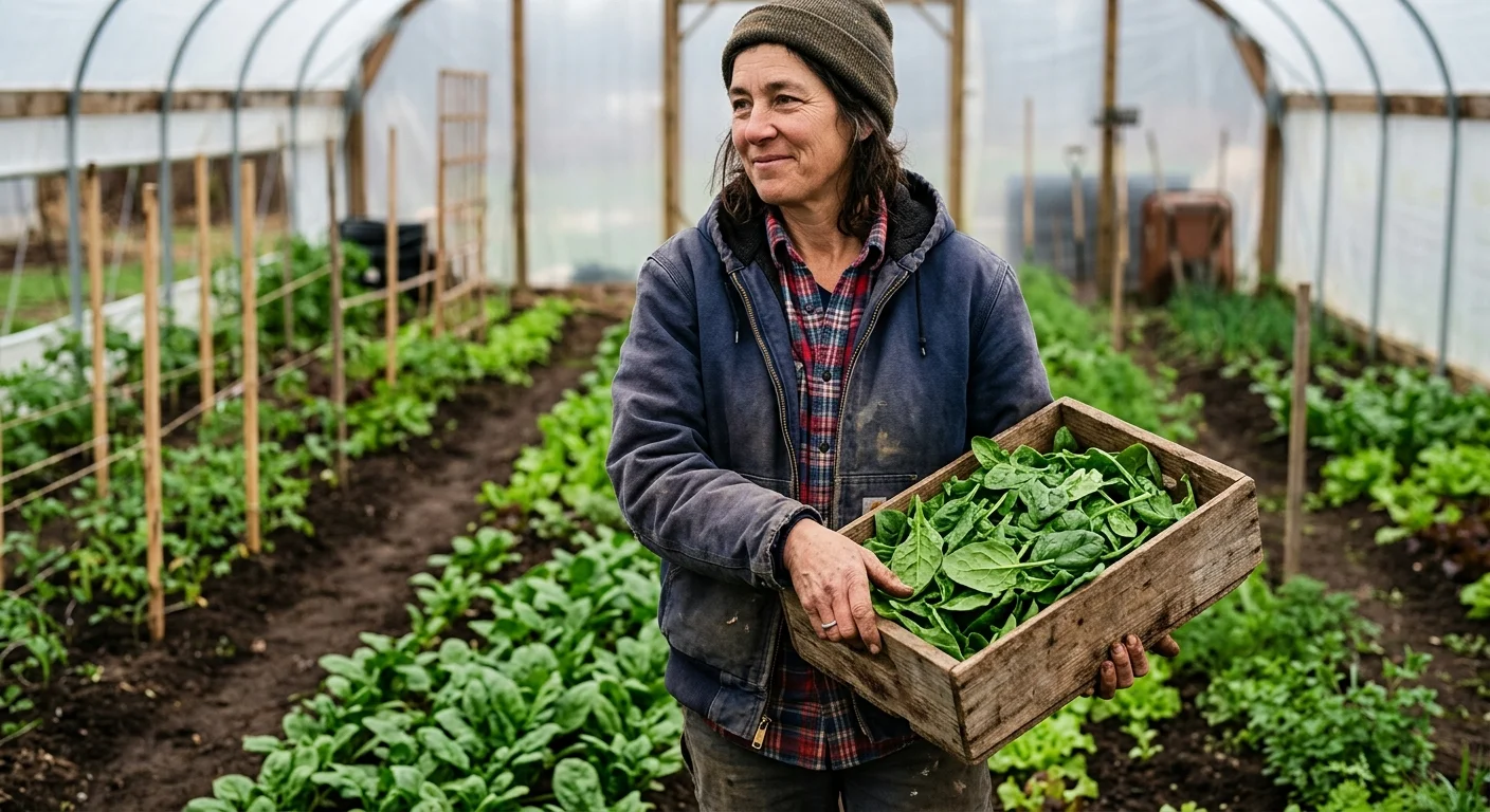 An environmental portrait of an organic farmer holding a wooden crate of fresh green spinach inside a greenhouse.