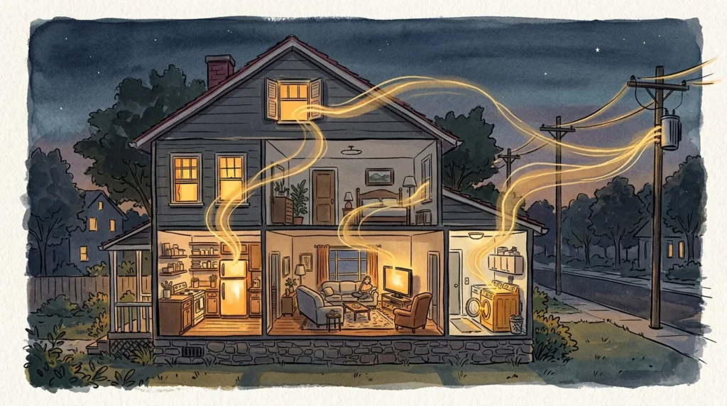 An illustration of a home cross-section at twilight, with golden energy trails leaking from appliances, symbolizing utility costs.