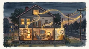 An illustration of a home cross-section at twilight, with golden energy trails leaking from appliances, symbolizing utility costs.