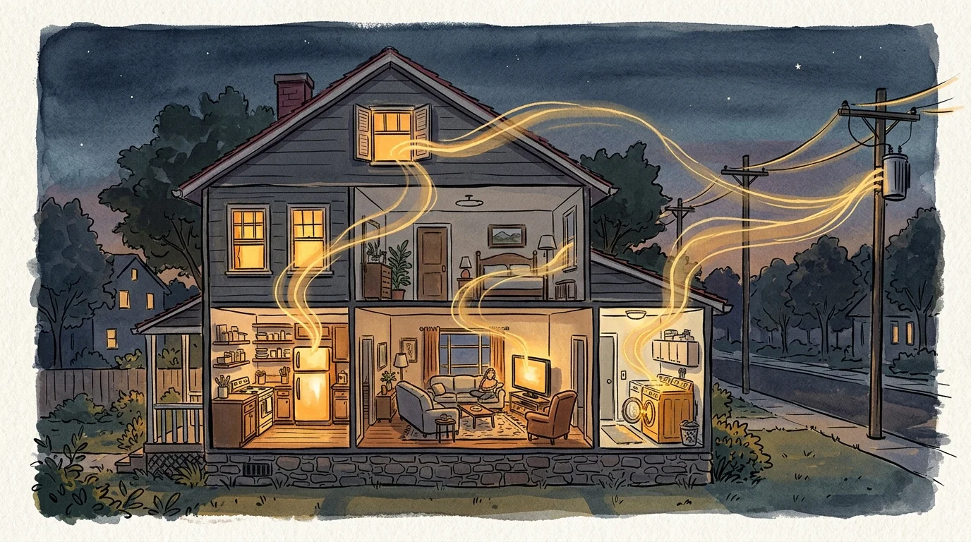 An illustration of a home cross-section at twilight, with golden energy trails leaking from appliances, symbolizing utility costs.