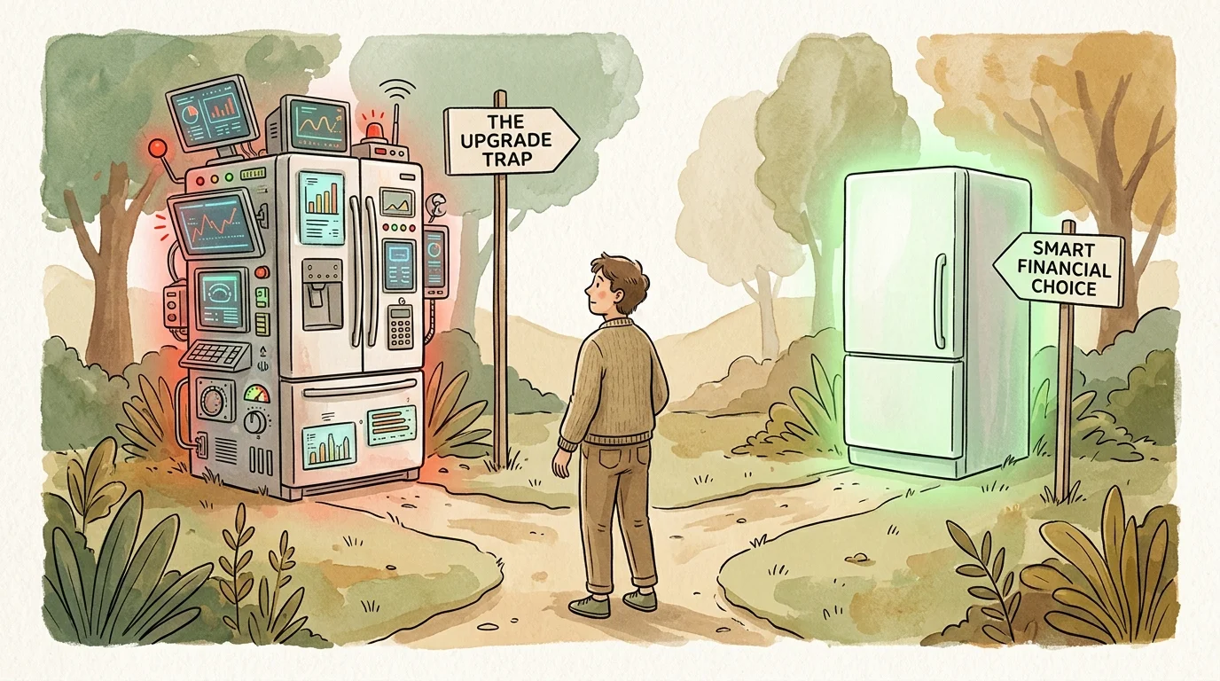 An illustration of a person choosing between an over-engineered smart fridge and a simple, green energy-efficient appliance.
