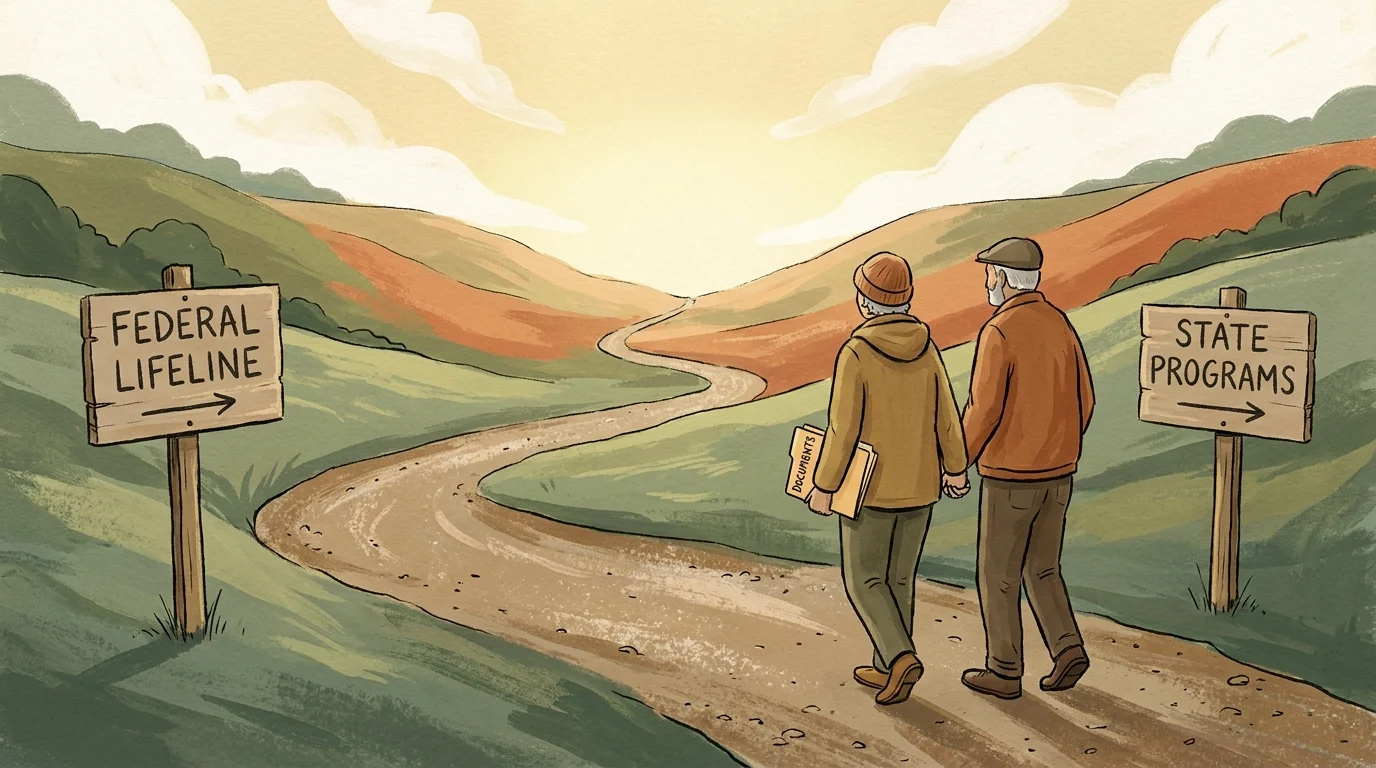 An illustration of a senior couple walking down a scenic path marked by signposts for Federal and State assistance programs.