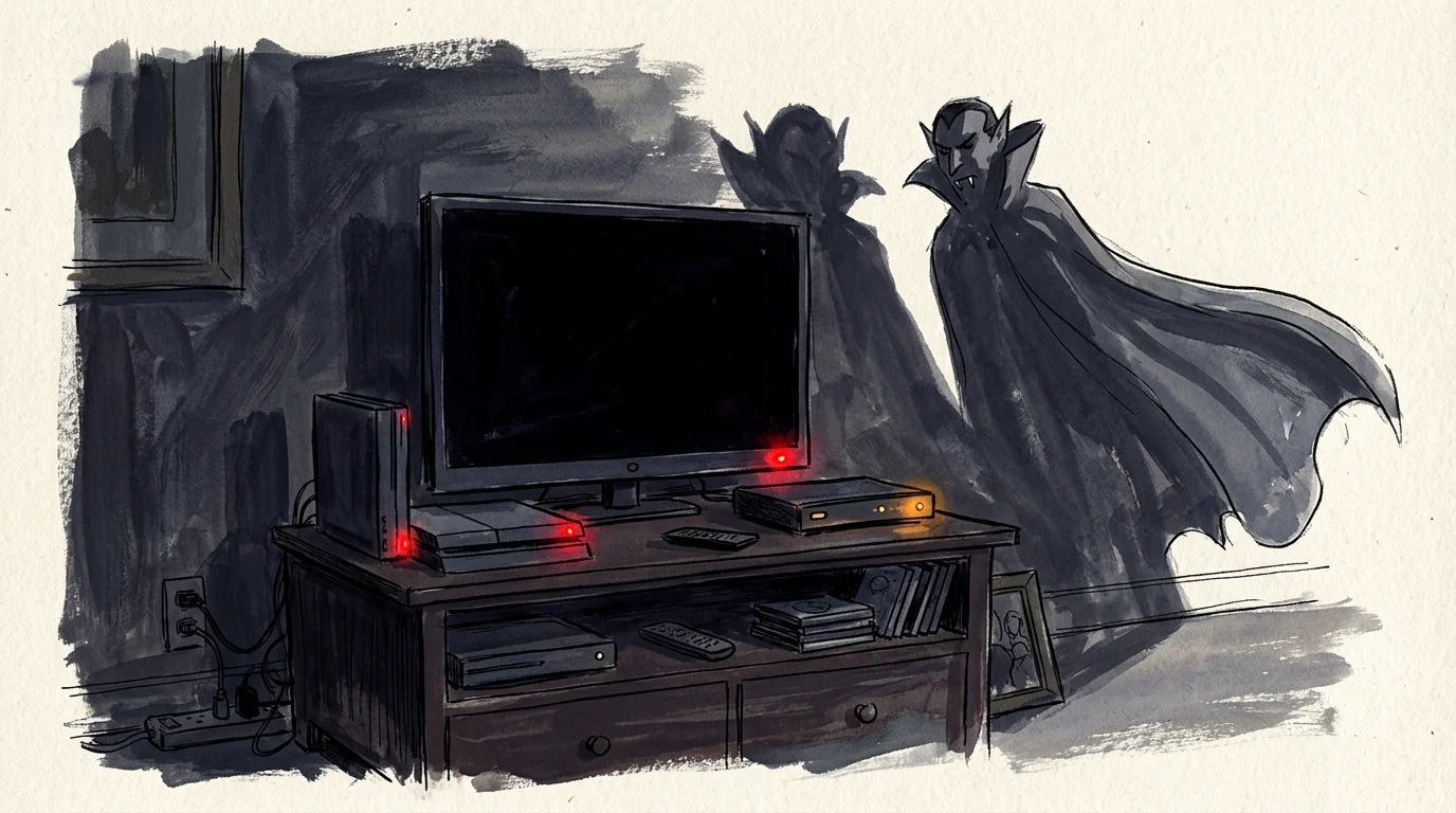 An illustration of dark living room electronics casting vampire-like shadows from their glowing red standby lights.