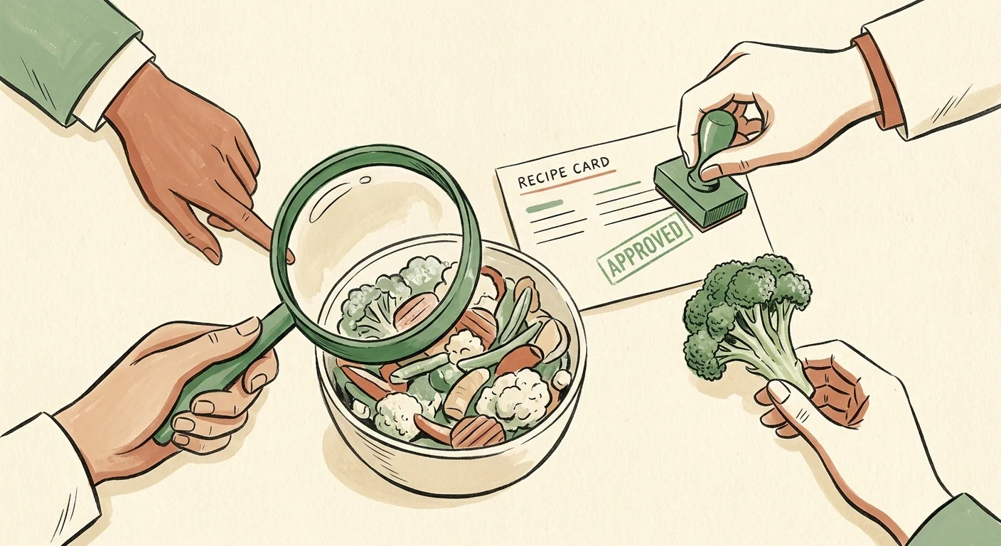 An illustration of nutritionists' hands examining frozen food and stamping an approval card on a cream background.