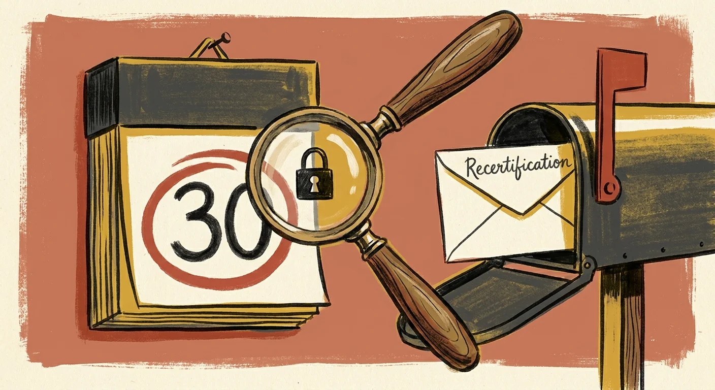 An ink and gouache illustration of a calendar with a circled date and a recertification letter, symbolizing the importance of deadlines.