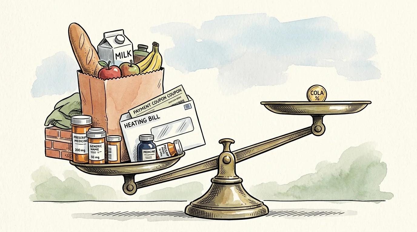 An ink and watercolor drawing of a balance scale tipped heavily by a stack of bills and groceries, outweighing a small Social Security COLA 