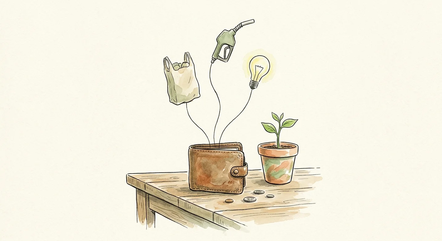 An ink and watercolor drawing of a wallet on a table with everyday expenses floating up like balloons, next to a small green sprout.