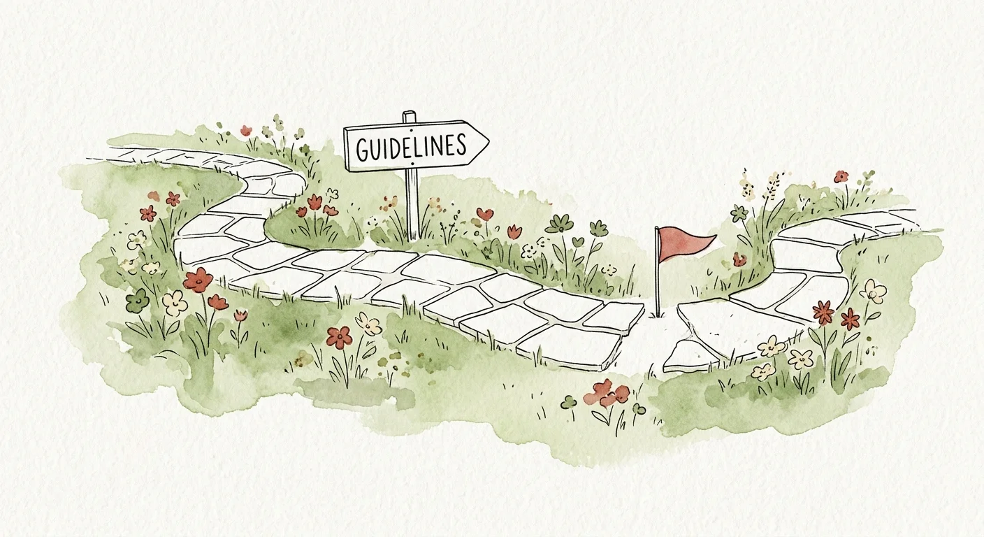 An ink and watercolor drawing of a winding flagstone path with a small red warning flag marking a safe detour.