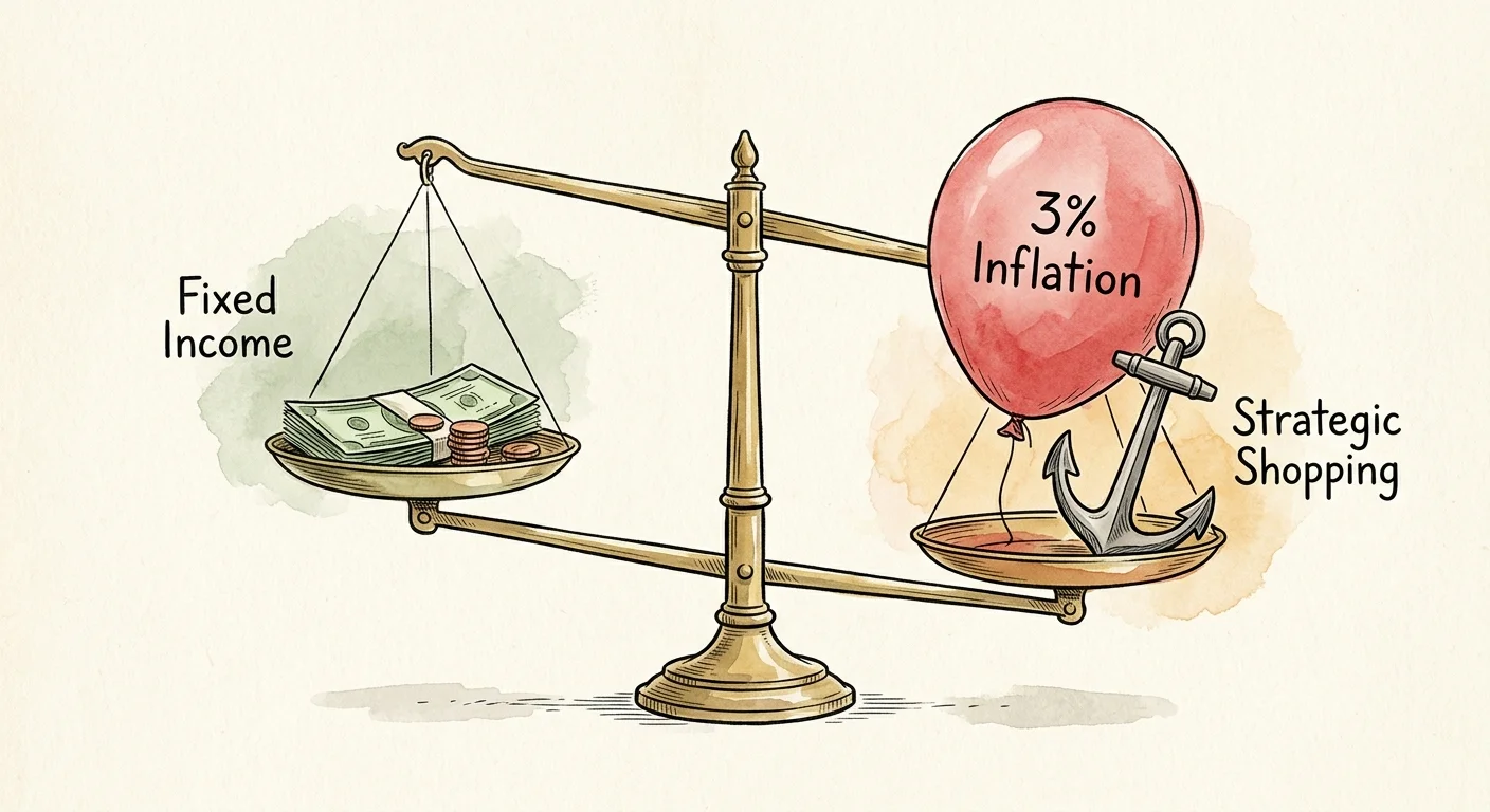An ink and watercolor illustration of a balance scale showing fixed income on one side and inflation held in check by strategic shopping.