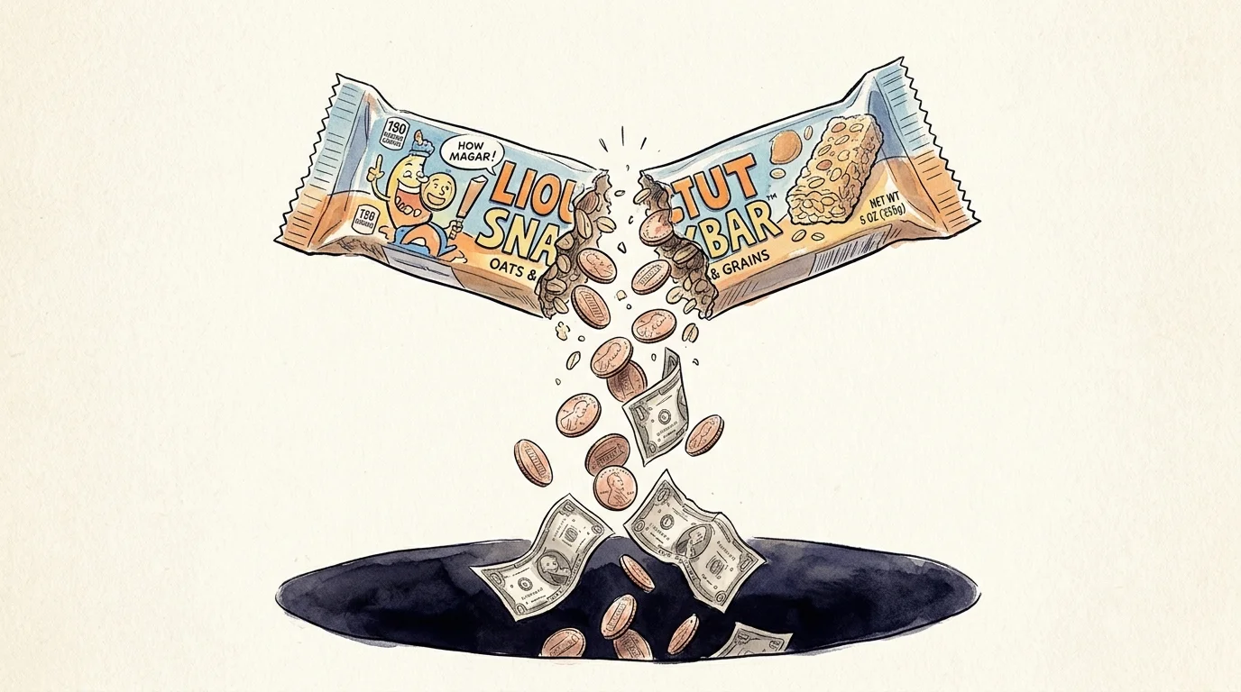 An ink and watercolor illustration of a granola bar snapping in half, spilling out loose change and dollar bills.