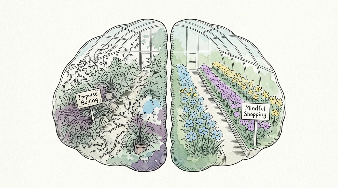 An ink and watercolor illustration of a greenhouse shaped like a brain, contrasting a chaotic impulse-buying path with an orderly mindful-sh