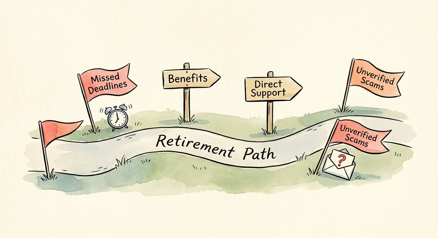 An ink and watercolor illustration of a path with signposts for positive benefits, and red warning flags for scams and missed deadlines.
