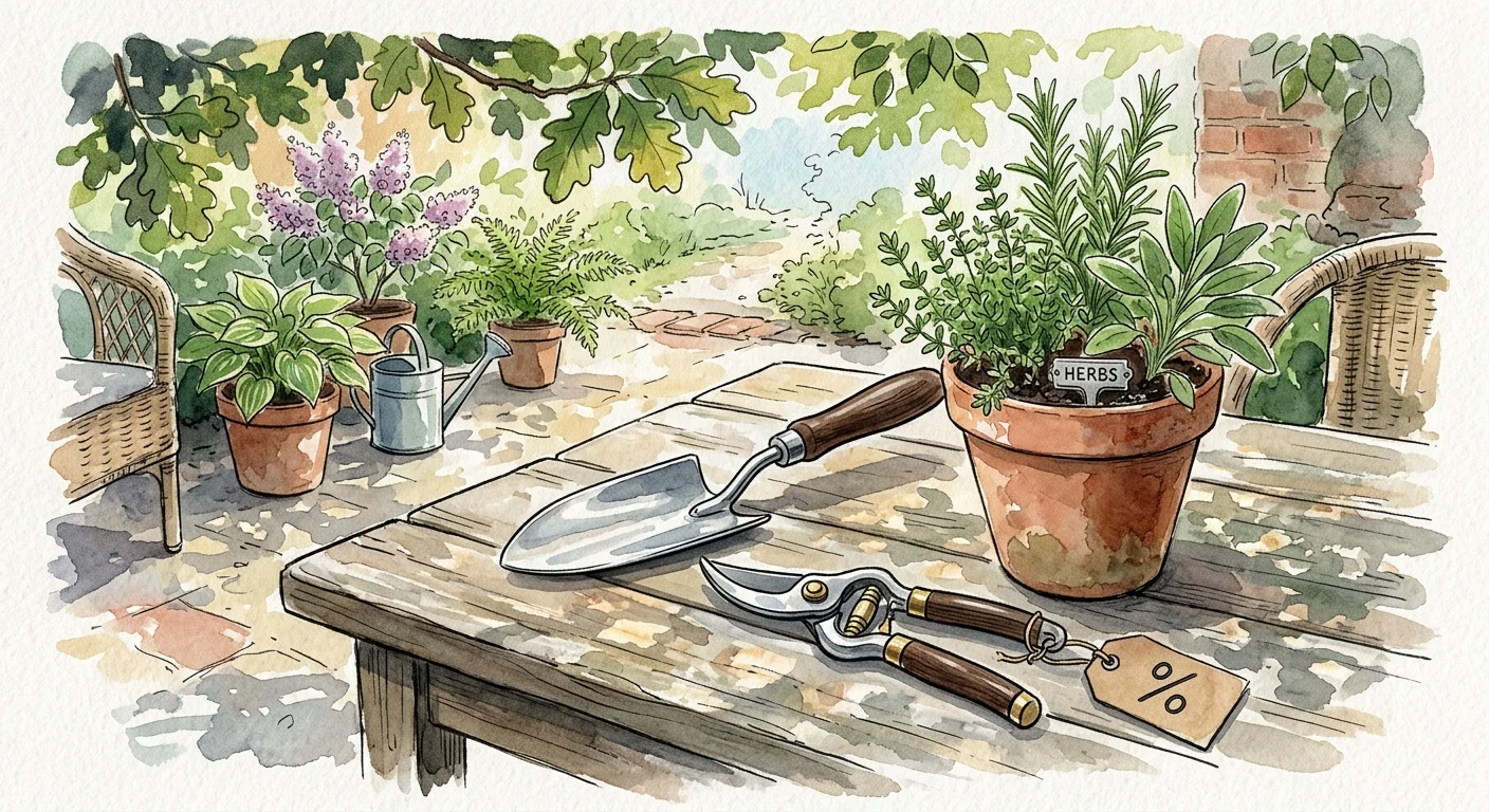 An ink and watercolor illustration of gardening tools and a potted plant on a wooden patio table, symbolizing mid-year seasonal savings.