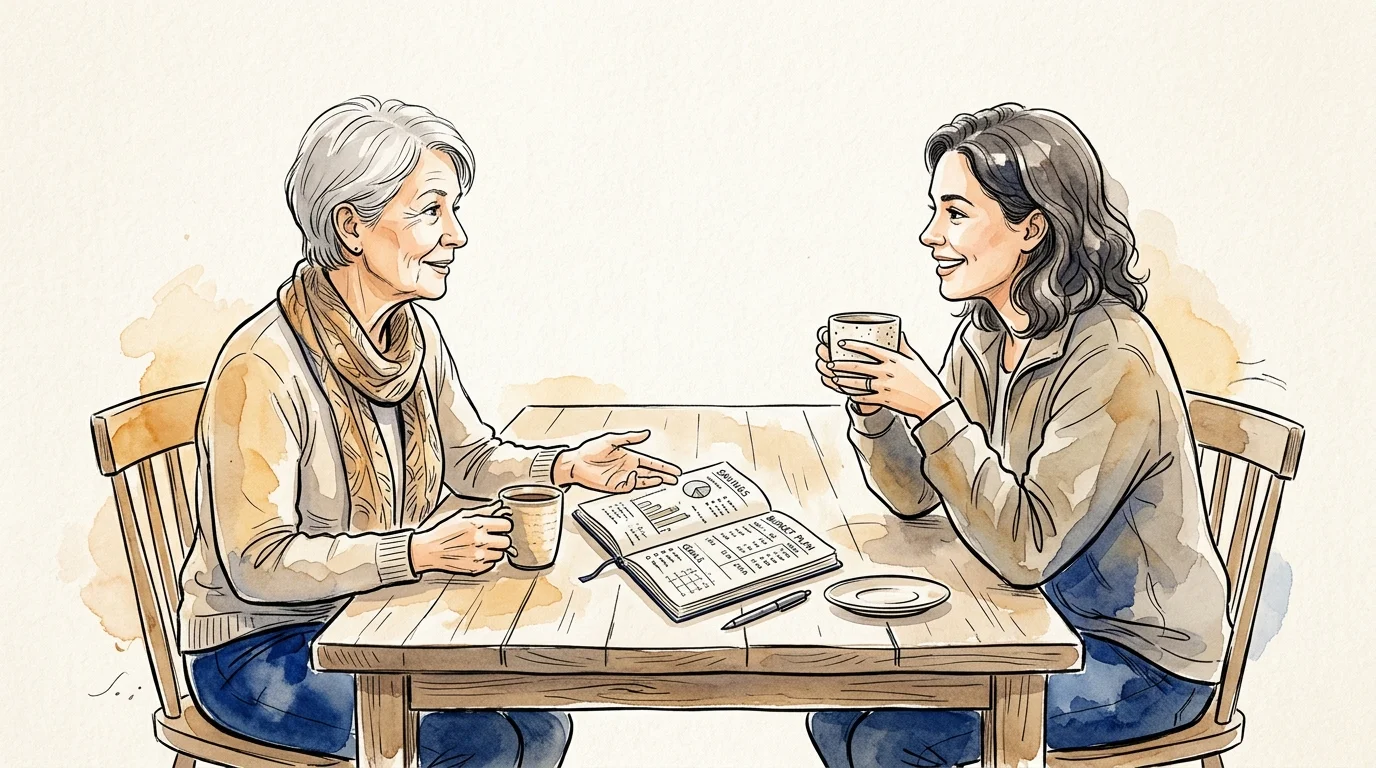 An ink and watercolor illustration of two people sitting at a wooden table with coffee mugs, discussing a financial notebook.