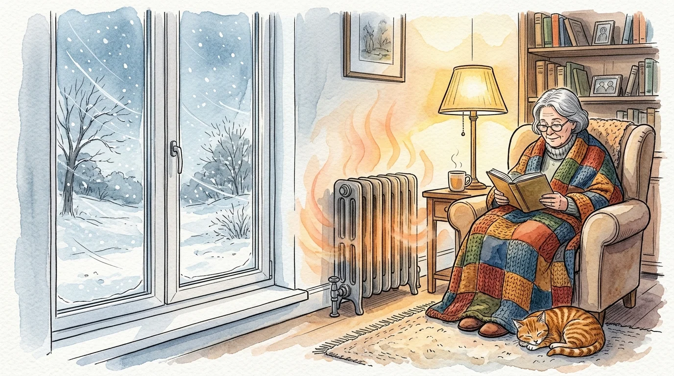 An ink and watercolor sketch of a senior woman reading comfortably by a warm radiator while winter wind blows outside her sealed window.