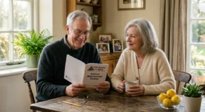 An older couple sitting at a warm wooden kitchen table together, smiling as they review an Area Agency on Aging resource guide.