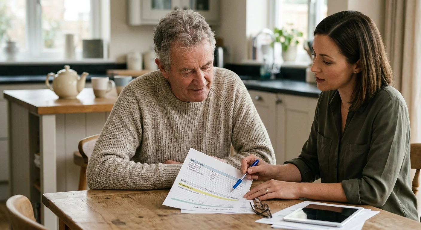 An older man and a financial planner reviewing a budget at a home dining table, highlighting areas for savings from aging resources.