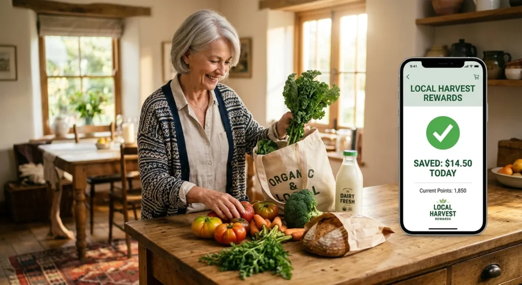 An older woman smiling while unpacking groceries next to a smartphone displaying loyalty savings, in a sunlit kitchen.