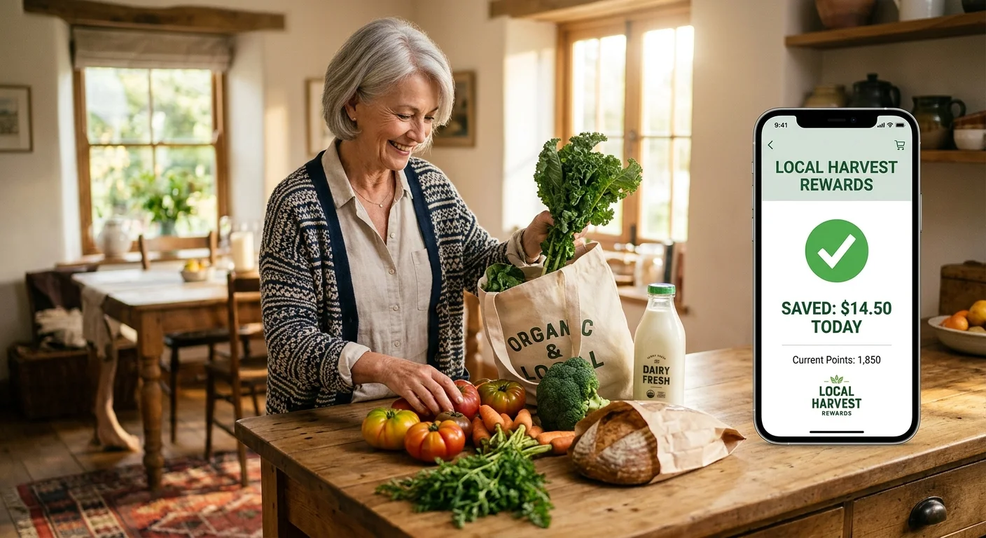 An older woman smiling while unpacking groceries next to a smartphone displaying loyalty savings, in a sunlit kitchen.