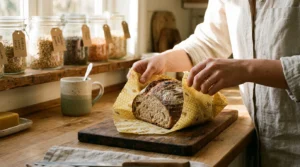 Hands wrapping bread in reusable beeswax wrap on a sunny kitchen counter.