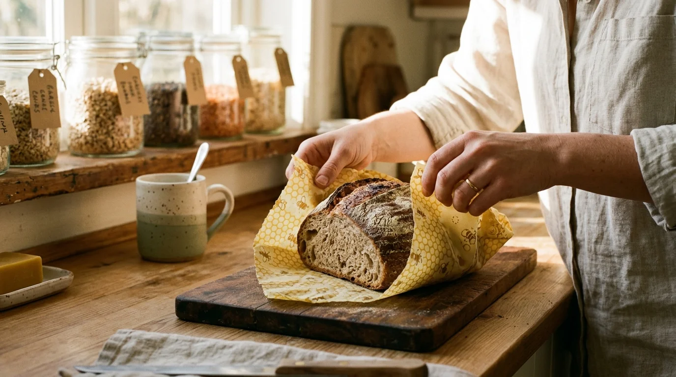 Hands wrapping bread in reusable beeswax wrap on a sunny kitchen counter.