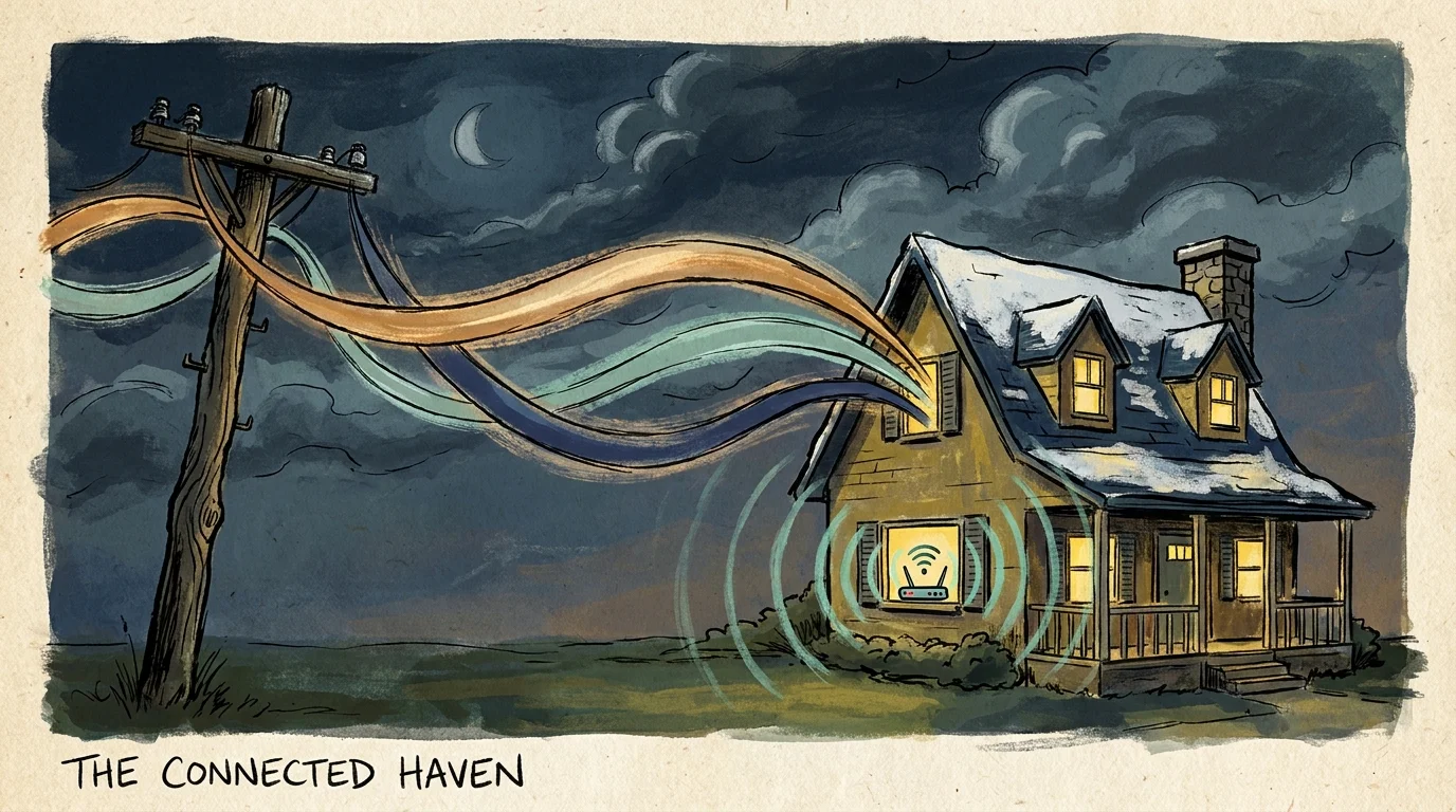 Ink and gouache illustration of a cozy house connected to a utility pole by glowing lines, symbolizing modern broadband as a utility.