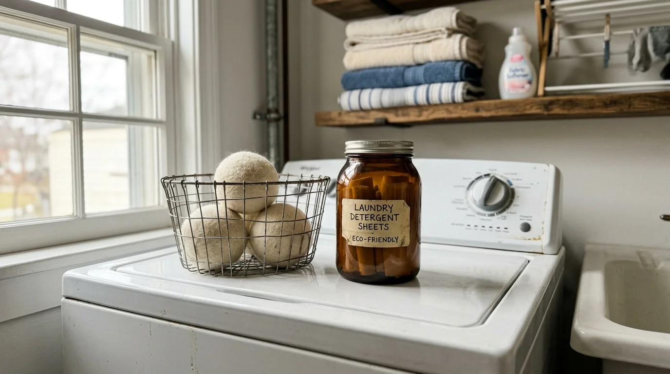 Wool dryer balls in a wire basket next to an amber glass jar on a washing machine.